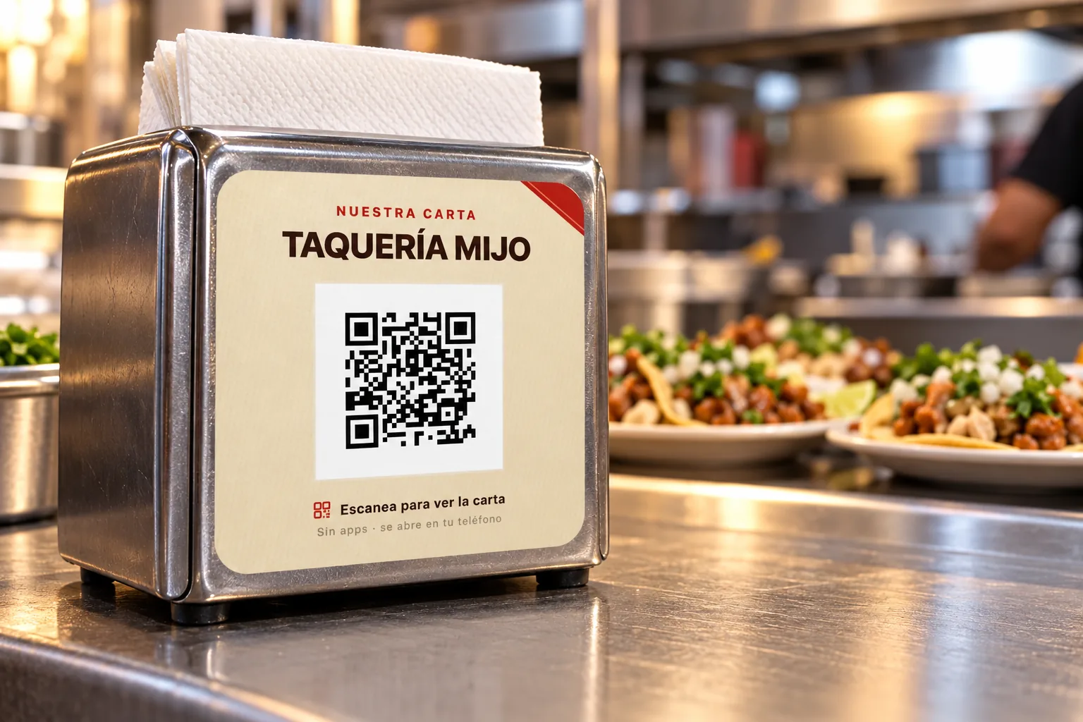 Etiqueta de menú Taquería Mijo en un servilletero frente al pase de cocina.