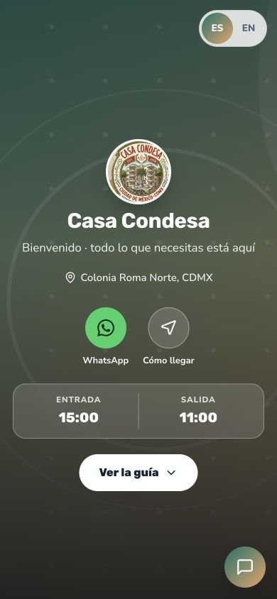 Captura real de la demo Casa Condesa: bienvenida, enlaces de contacto y llegada, horarios de entrada y salida y botón Ver la guía.