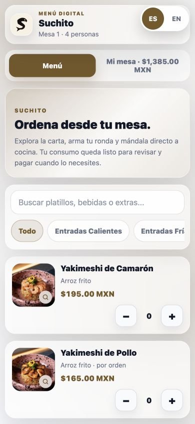 Captura real del menú Fichita: demo Suchito con buscador, categorías y controles para agregar productos.