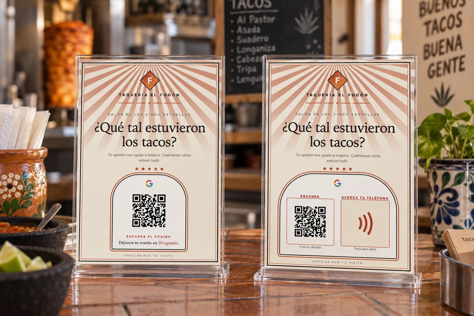 Montaje de los pósters Art déco de Fichita para Taquería El Fogón, en versiones QR y QR más NFC.