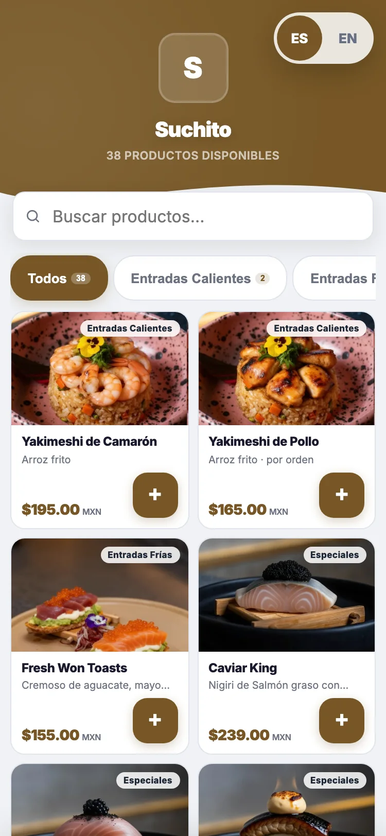 Menú de demostración Suchito con buscador, categorías, fotos y precios de platillos
